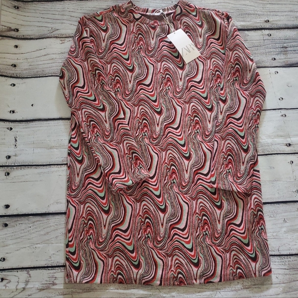Zara Swirl-Pattern Mini Dress in Pink, Black, Green